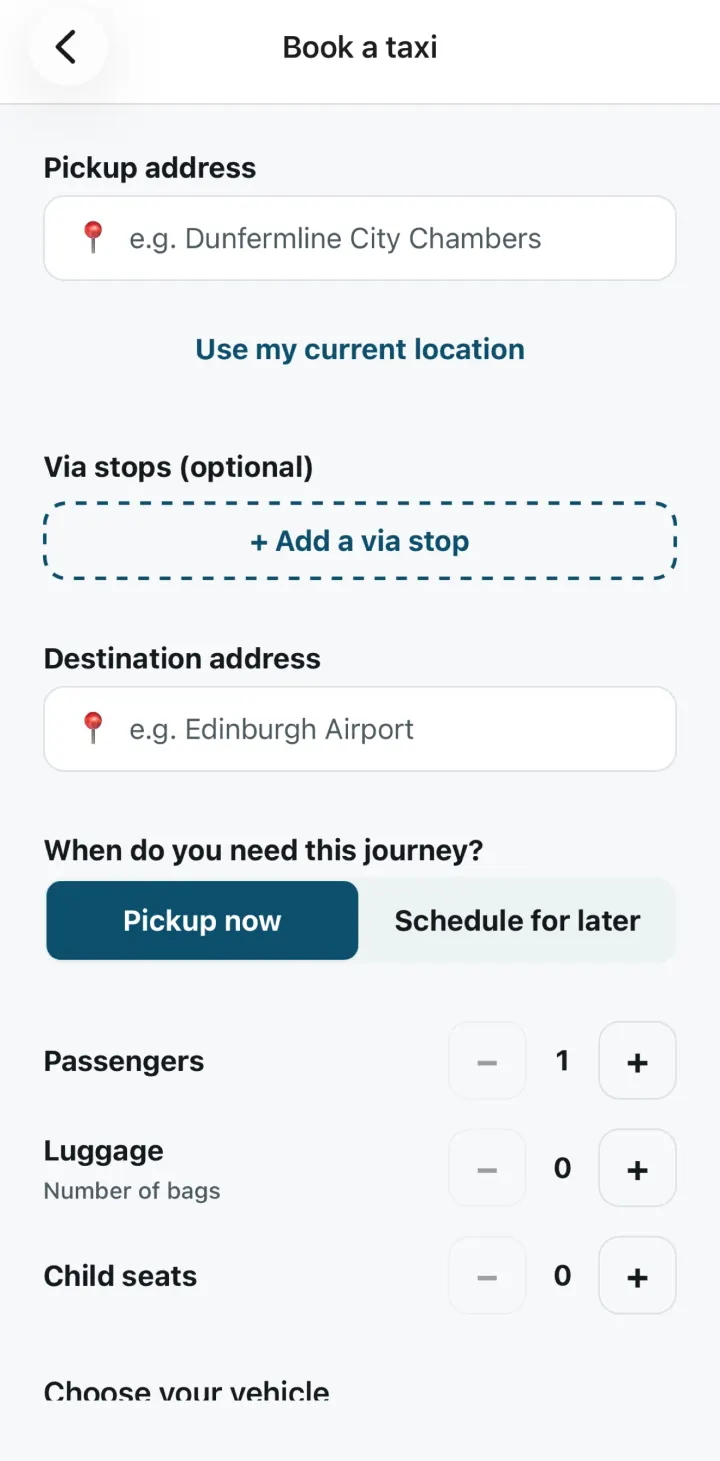 Book a taxi screen with a pickup address, Use my current location, optional via stops, a destination, and Pickup now or Schedule for later