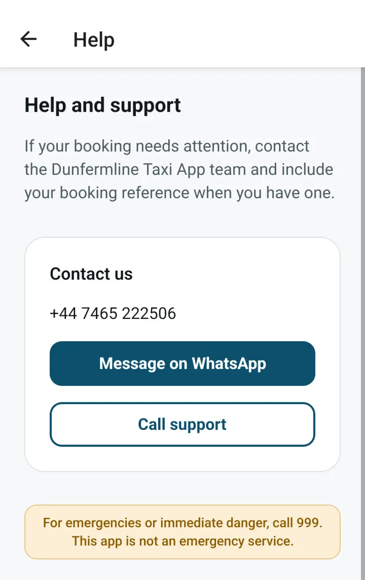 Help screen in the app with the support phone number, a Message on WhatsApp button and a Call support button